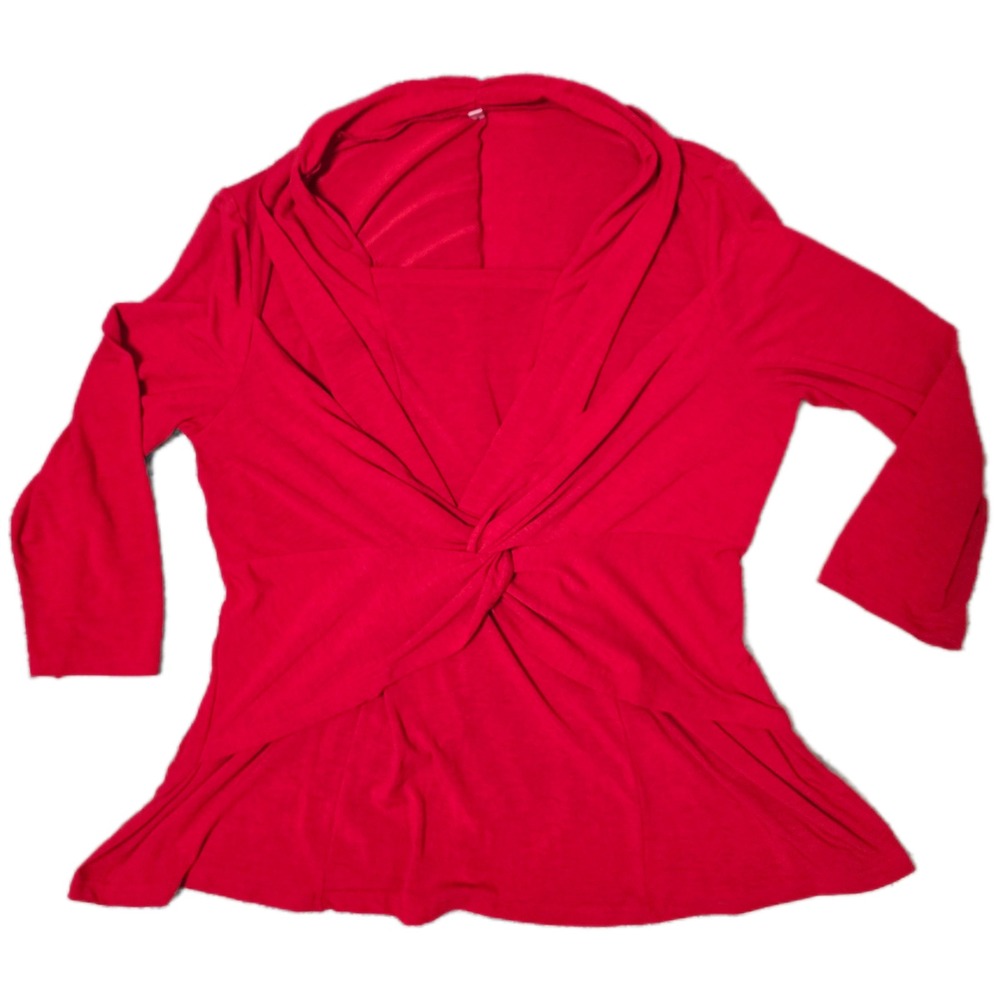 Red Knot Front Top Long Sleeve Shawl Neck Flared Hem Blouse XL Extra Large (K)‎